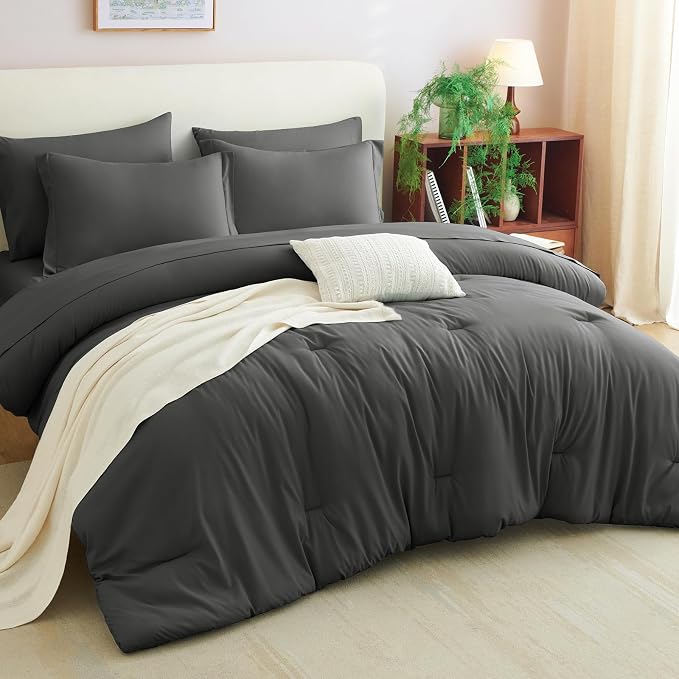 CozyLux King Size Comforter Set Dark Grey, 7 Pieces Bed in a Bag King Comforter - Image 7