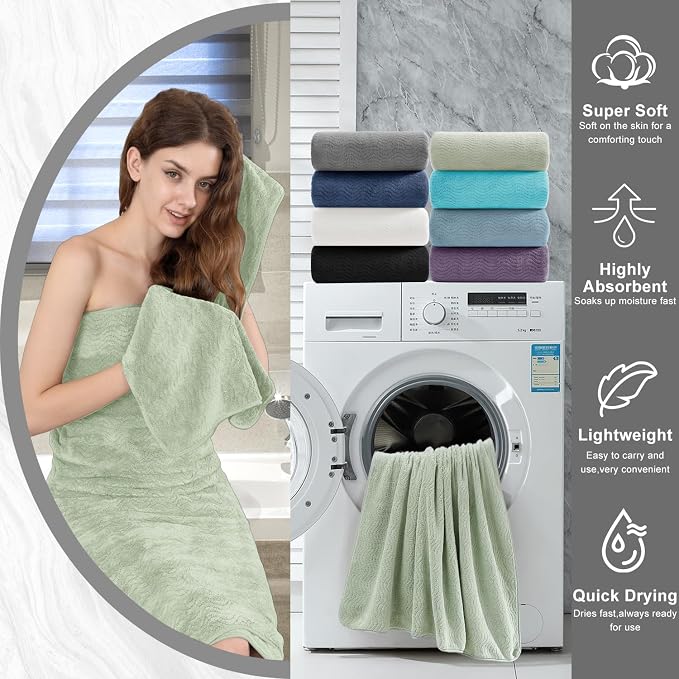 4 Piece Extra Large Bath Towel 35"x70" Oversized Bath Sheet Green Bath Towel Set - Image 7