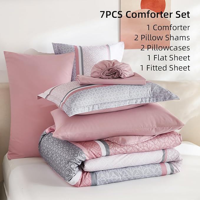 WONGS BEDDING Pink Queen Comforter Set 7 Pieces, Boho Striped Bed in a Bag - Image 6