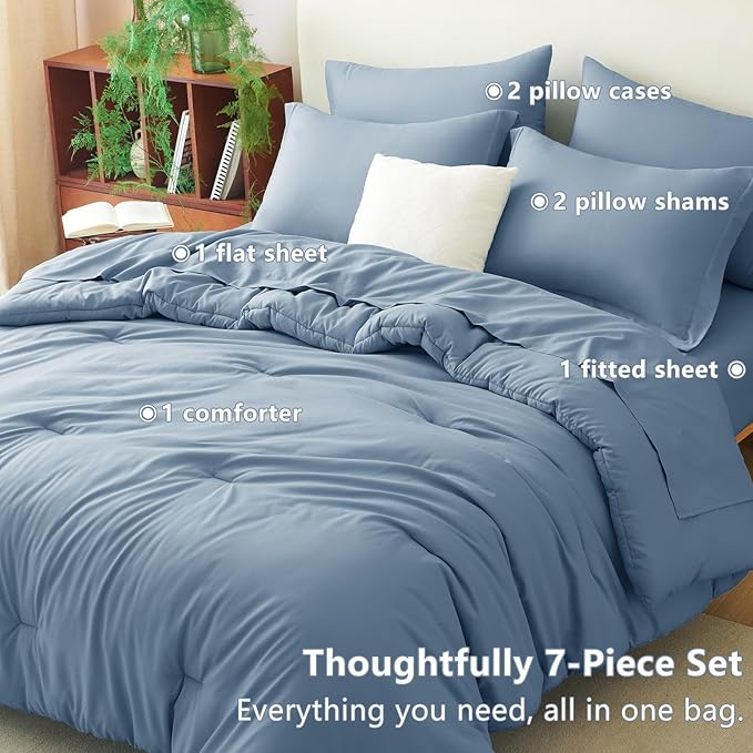 CozyLux Oversized Queen Comforter Set Grayish Blue, 7 Pieces Bed in a Bag - Image 6