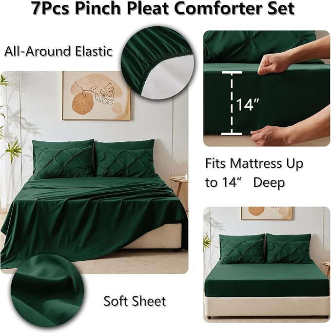 HIMEET Pintuck Bed in a Bag, 7 Pieces Queen Size Comforter Set Emerald Green - Image 6