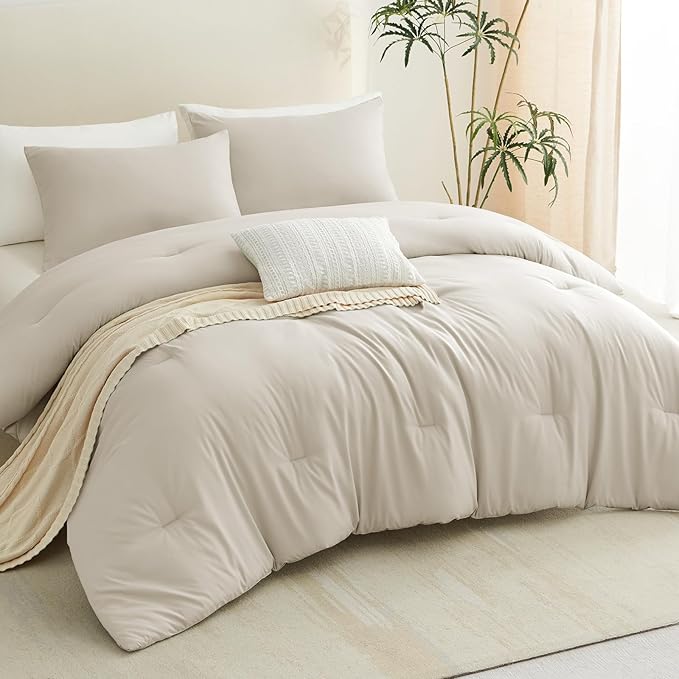 CozyLux King Size Comforter Set Oatmeal, 3 Pieces Solid Comforters King Size - Image 5