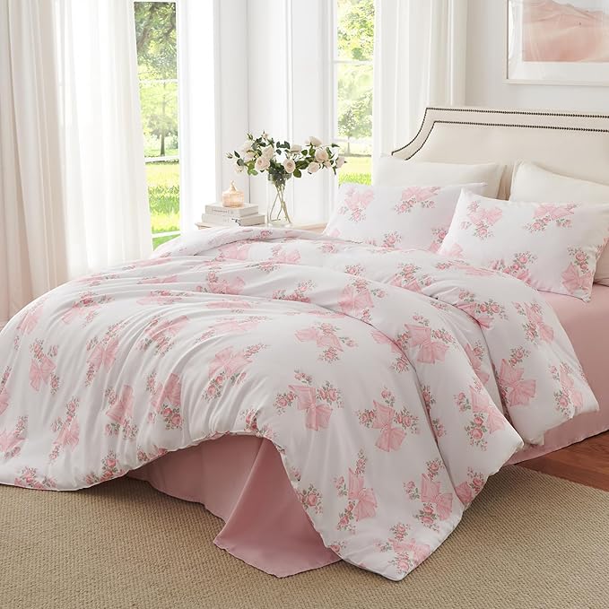 Nayoroom Pink Bow Duvet Cover Full Size Coquette Pink Floral Duvet Cover 3 - Image 3