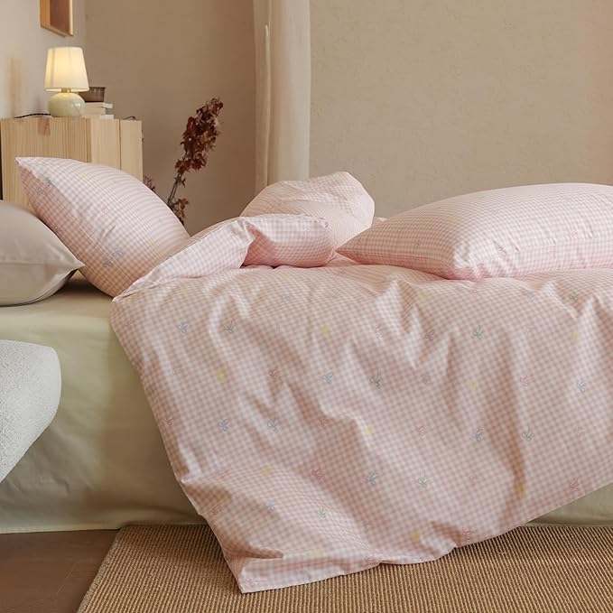 mixinni Gingham Duvet Cover Full Size, 100% Cotton Light Pink and White Gingham - Image 2