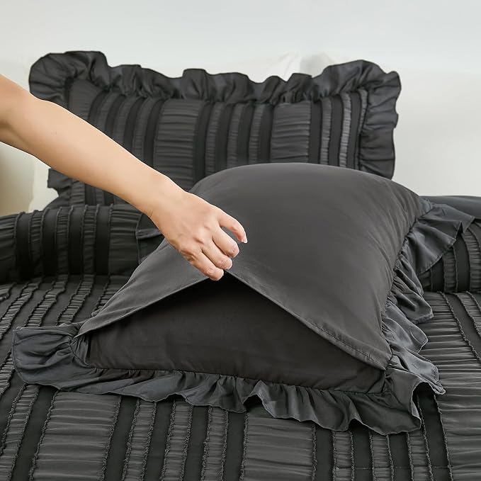 WONGS BEDDING Queen Comforter Set, Dark Grey Boho Comforter Set Queen, Shabby - Image 8