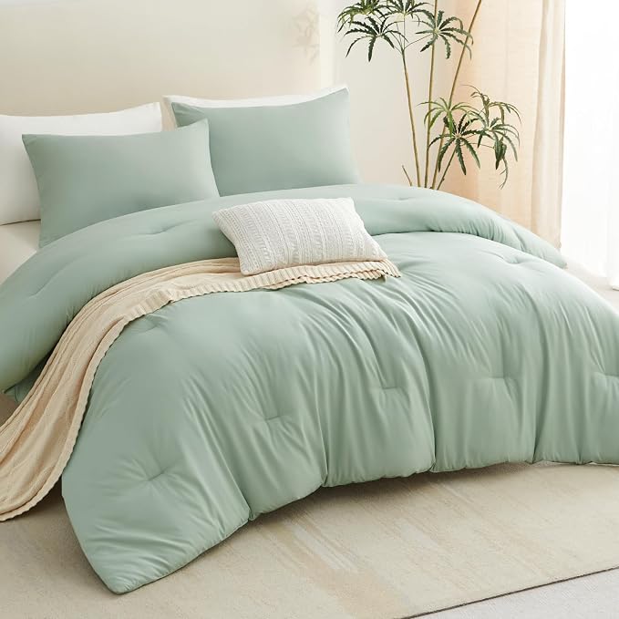 CozyLux Full Size Comforter Set Sage Green, 3 Pieces Solid Breathable Quilted - Image 9