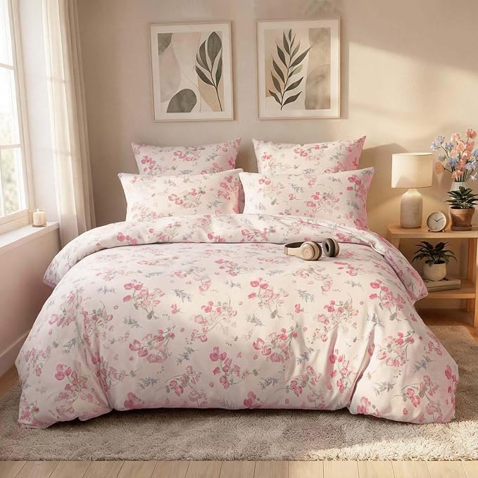 Nayoroom Pink Floral Duvet Cover Queen Size Spring Botanical Blooms Flower - Image 7