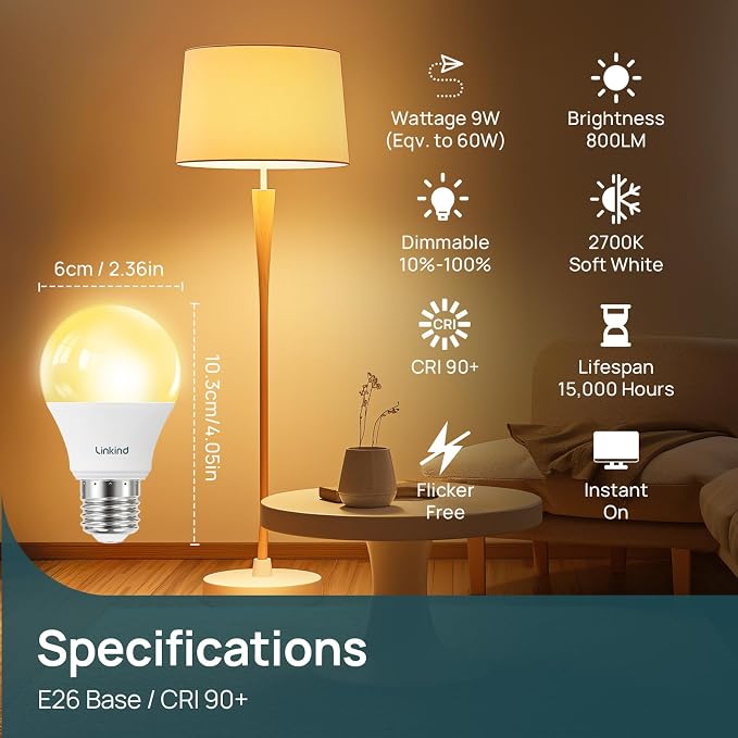 Linkind A19 LED Light Bulbs Dimmable, 60W Equivalent, 2700K Soft White LED - Image 2
