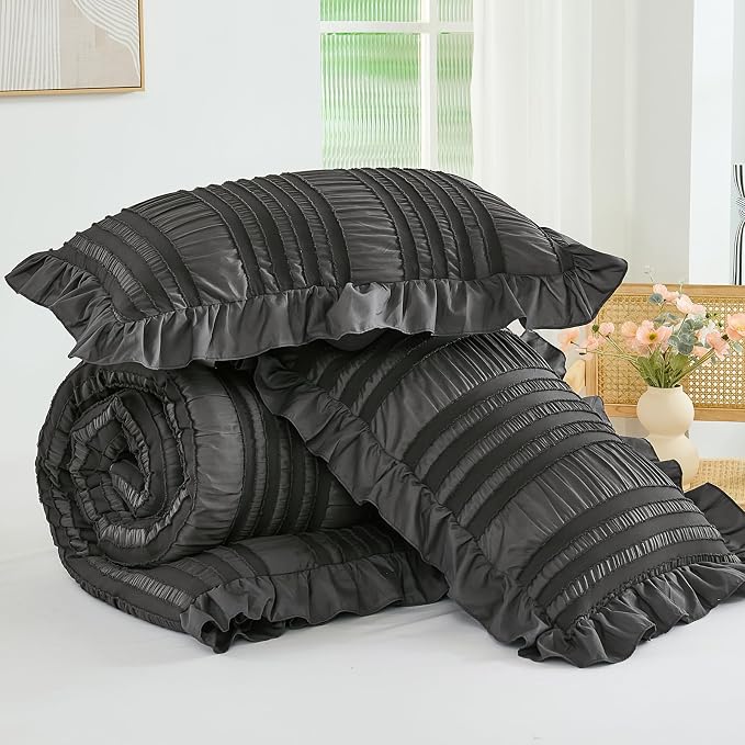 WONGS BEDDING Queen Comforter Set, Dark Grey Boho Comforter Set Queen, Shabby - Image 6