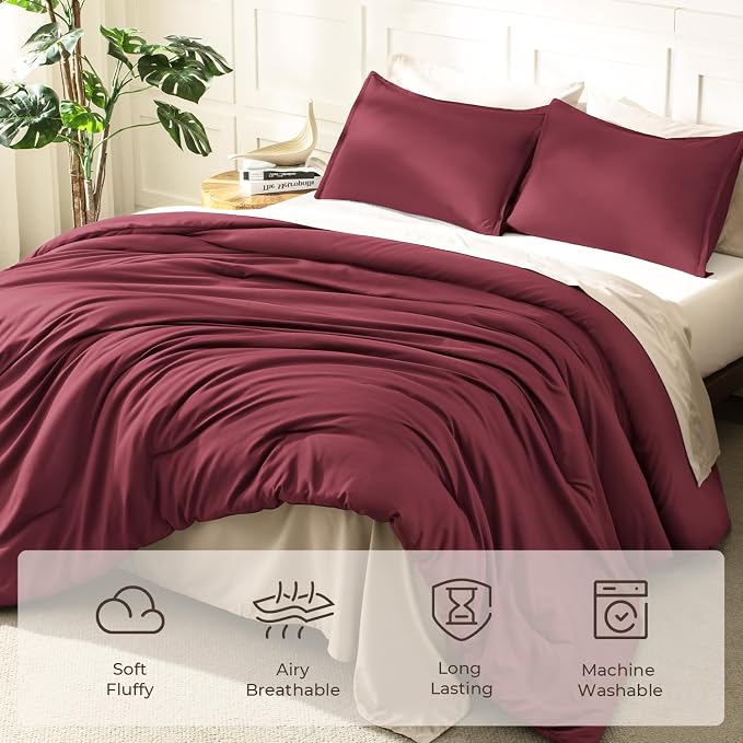 Litanika Burgundy Red Comforter Set Full Size, 3 Pieces Lightweight Solid - Image 3