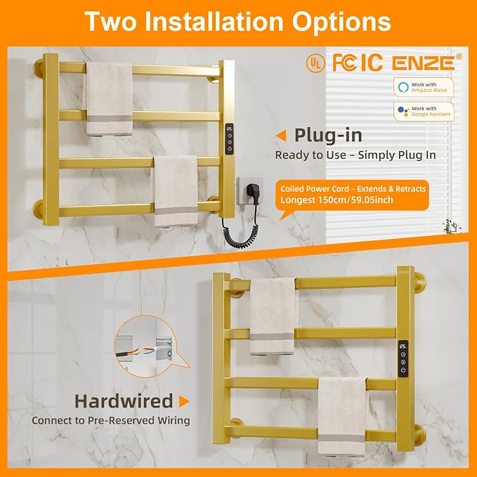 ENZE Smart Luxury Heated Towel Rack, 4-Bar Gold Electric Towel Warmer 115W - Image 8