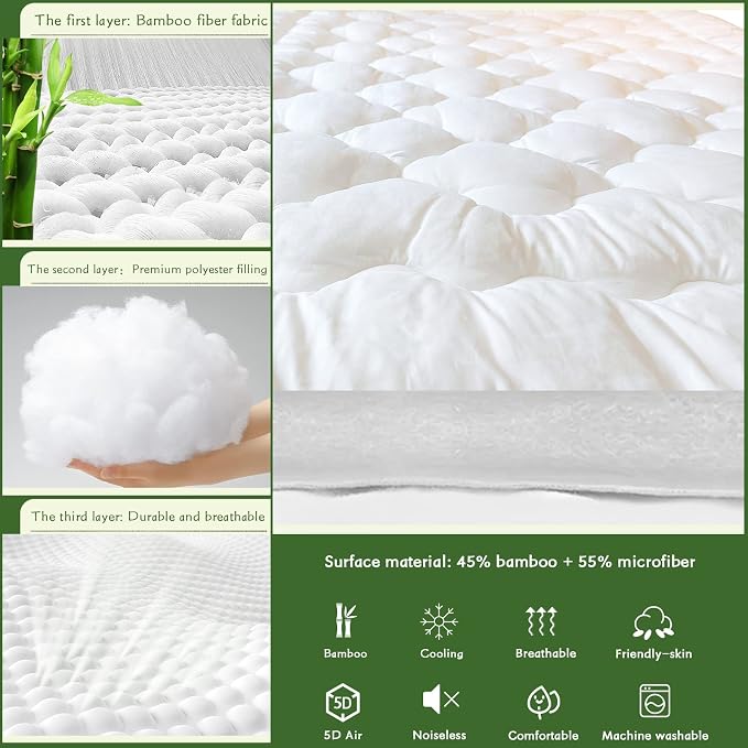 GRT Queen Size Mattress Pad Rayon from Bamboo, Extra Thick Quilted Fitted - Image 3