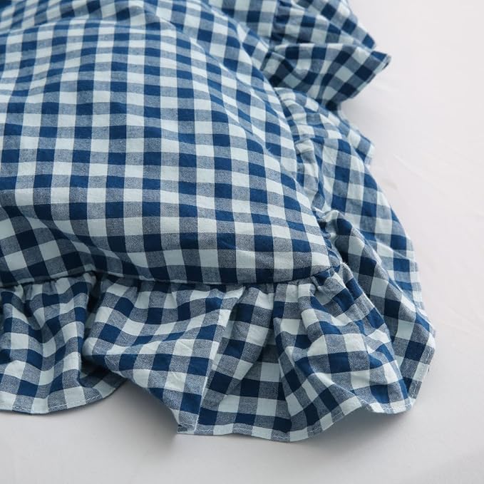 Silnuo Navy Blue/White Plaid Ruffle 3-Piece Duvet Cover Set King Size, Washed - Image 7