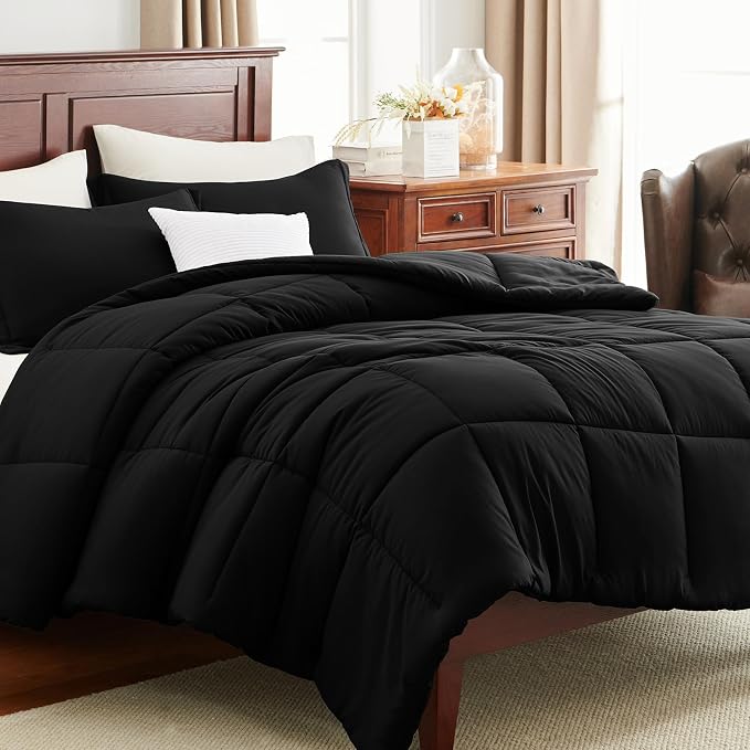 CozyLux Super King Plus Comforter Set, 3 Pieces Black 128x120 Box Stitched - Image 9