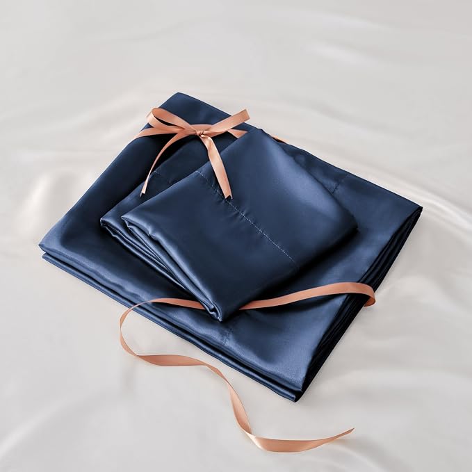 BEDELITE Satin Sheets Twin Size Bed Set, Luxury Soft Navy Silky Sheets - Image 7