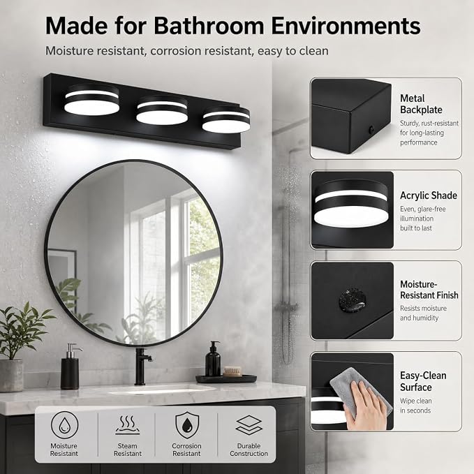 3-Light Bathroom Vanity Light Over Mirror, Matte Black LED Vanity Lighting - Image 5