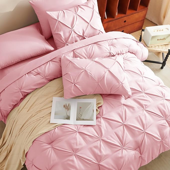 HIMEET Pintuck Bed in a Bag, 5 Pieces Twin XL Comforter Set Pink, Extra Long - Image 4
