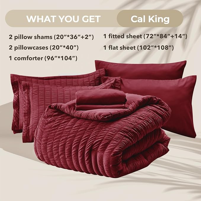 HYMOKEGE Burgundy California King Comforter Set Seersucker 7 Pieces, All Season - Image 5