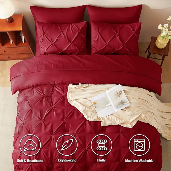 HIMEET Pintuck Bed in a Bag, 7 Pieces King Size Comforter Set Dark Red - Image 2