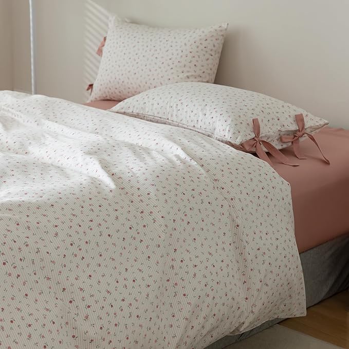 mixinni White Flower Pattern Duvet Cover Queen Cottage Pink Floral Stripes - Image 6