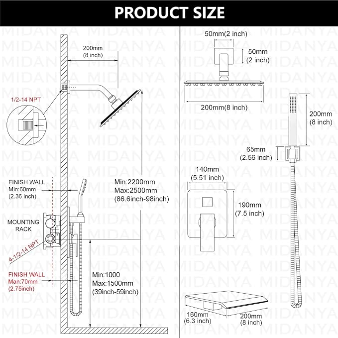Midanya Shower System with Tub Spout, Bathtub Shower Faucet Set with Square - Image 5