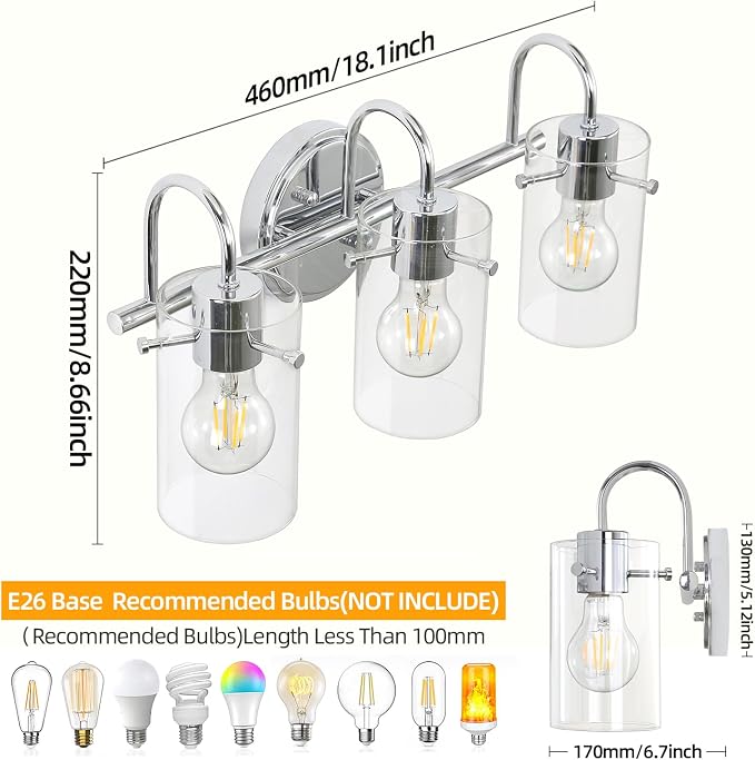 3 Lights Vanity Light, Polished Chrome Bathroom Wall Light Fixture Over Mirror - Image 8
