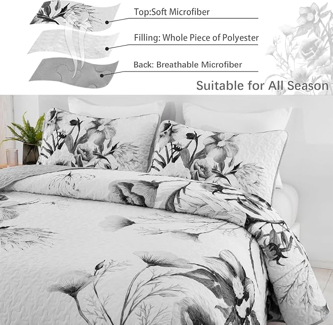 Floral Quilt Set California King 3 Pieces Grey Floral Quilt Coverlet Set Soft - Image 5