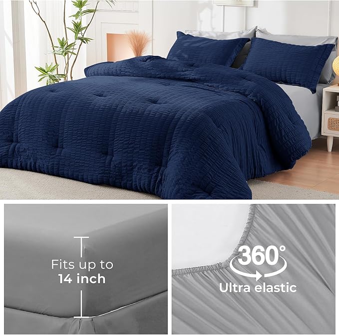 HYMOKEGE Navy Blue/Light Grey King Size Comforter Set Seersucker 7 Pieces - Image 6