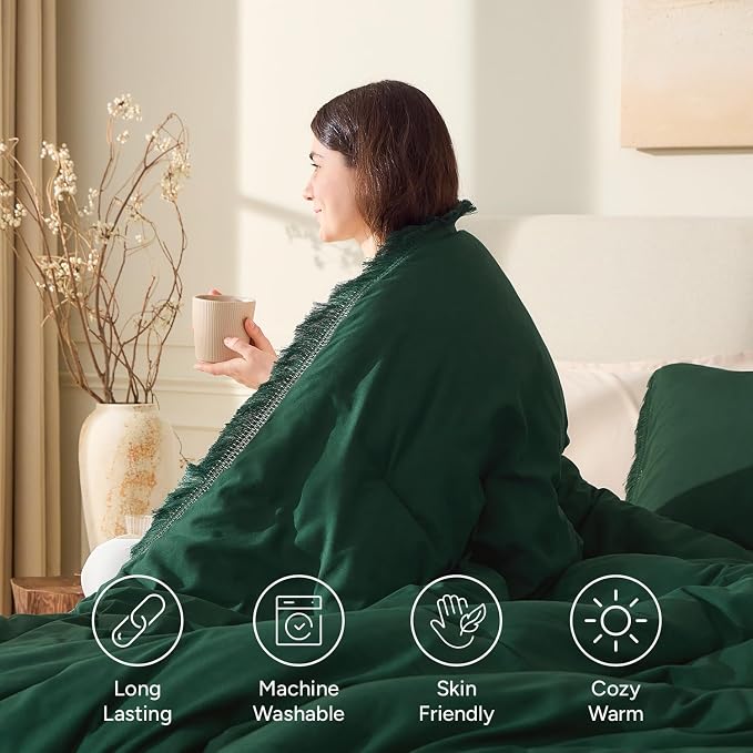 Andency Dark Emerald Green Comforter Set King Size, 3 Pieces Boho Lightweight - Image 4