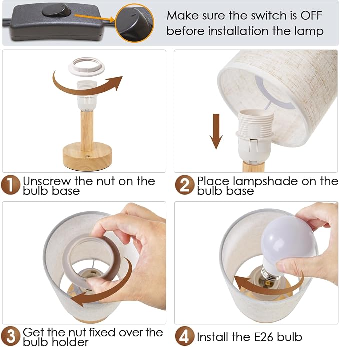 Small Bedside Table Lamp for Bedroom, Natural Round Wood Base&Fabric Linen Shade - Image 7