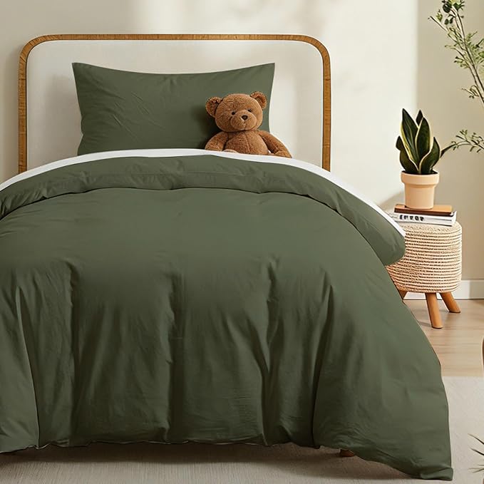 LOVQUE Olive Green Cotton Duvet Cover Twin Size, Linen Like Natural Bedding Set by LOVQUE