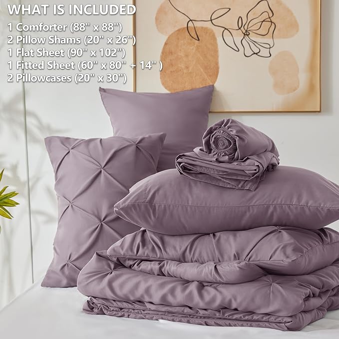 HIMEET Pintuck Bed in a Bag, 7 Pieces Queen Size Comforter Set Dusty Purple - Image 8