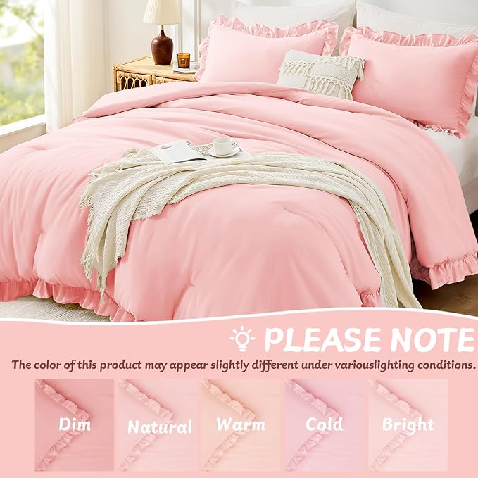 FUANNA King Size Comforter Set Pink, 3 Pieces Ruffle King Bedding Set, Fluffy - Image 6