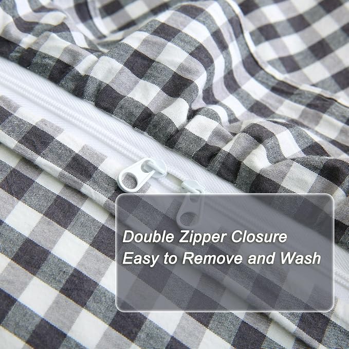Silnuo Black/White Checkered Ruffle 3-Piece Duvet Cover Set Full Size, Washed - Image 6
