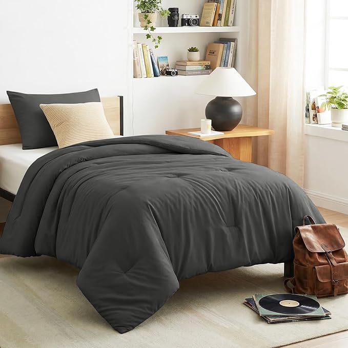 CozyLux Twin Comforter Set Dark Grey, 2 Pieces Twin Extra Long Solid Breathable by CozyLux