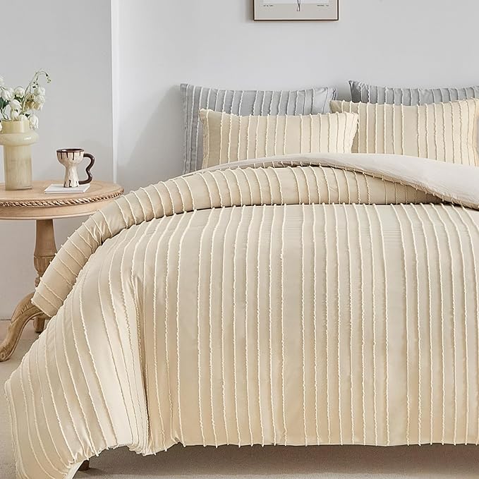 WARMDERN Khaki Boho Duvet Cover Set Queen Size, Striped Textured Tufted Bedding - Image 8
