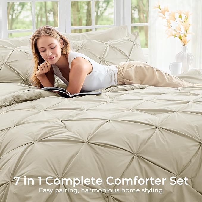Sasttie California King Comforter Set, 7-Piece Bed in a Bag Cal King, Pintuck - Image 6