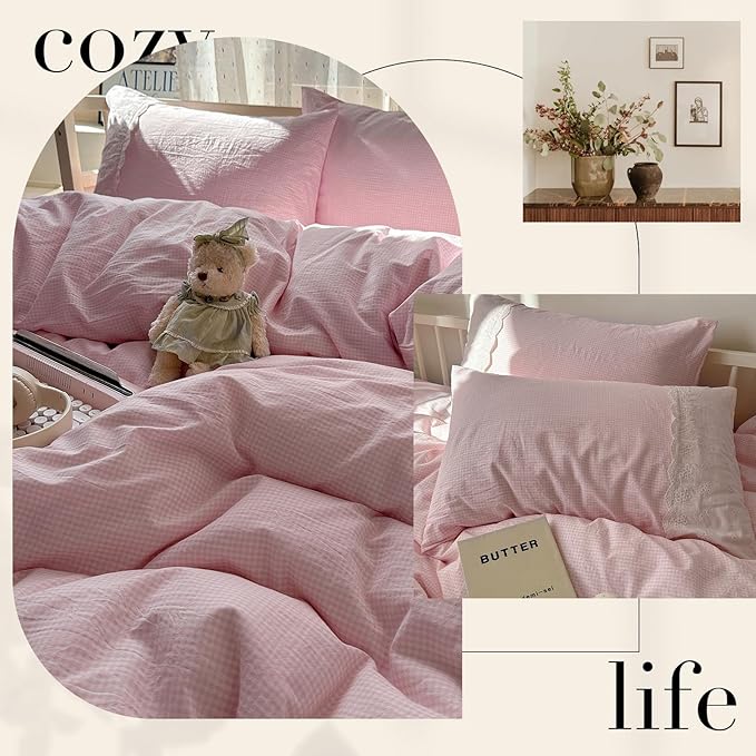 mixinni Pink Gingham Duvet Cover Queen Size - Image 5