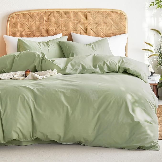 Wake In Cloud - Cotton Duvet Cover Set, Twin Size, Sage Green, 100% Washed by WakeInCloud