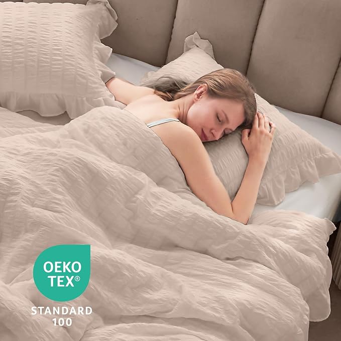 JOLLYVOGUE Beige Queen Comforter Set, 3 Pieces Seersucker Comforters Queen Size - Image 6