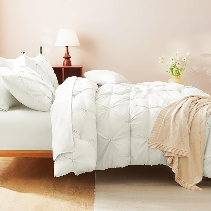HIMEET Pintuck Bed in a Bag, 7 Pieces King Size Comforter Set Ivory, Luxury - Image 7