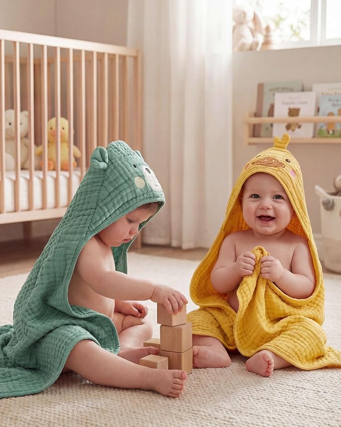 Blissful Diary Muslin Baby Hooded Towel 2 Pack, Soft & Absorbent Bath Towel - Image 7