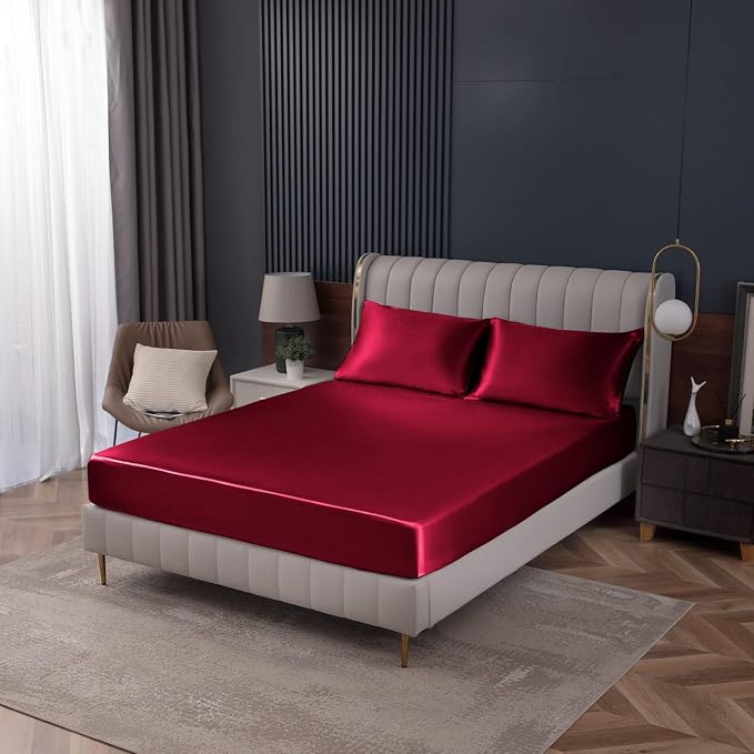 Homiest Burgundy Satin Fitted Sheet Queen Size, Deep Pocket, Luxury & Ultra by Homiest