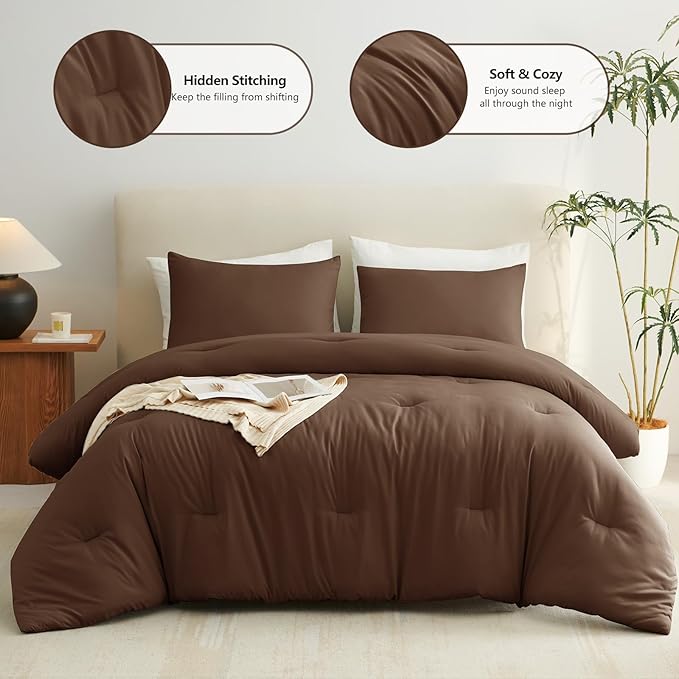 CozyLux Full Size Comforter Set Brown, 3 Pieces Solid Breathable Quilted - Image 2