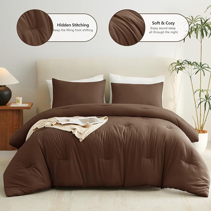CozyLux King Size Comforter Set Brown, 3 Pieces Solid Comforters King Size - Image 2