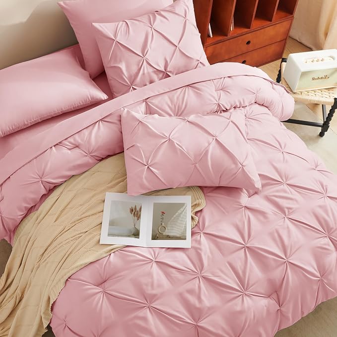 CozyLux Full Size Comforter Sets Pink, 7 Pieces Pintuck Bed in A Bag Pink - Image 7