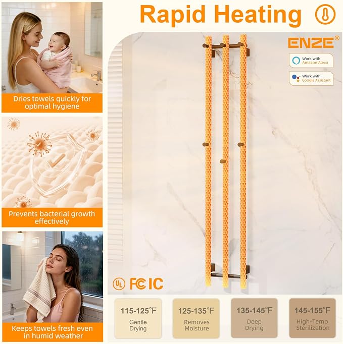 ENZE Smart Heated Towel Rack, Wall Mounted Electric Towel Warmer 220W - Image 3