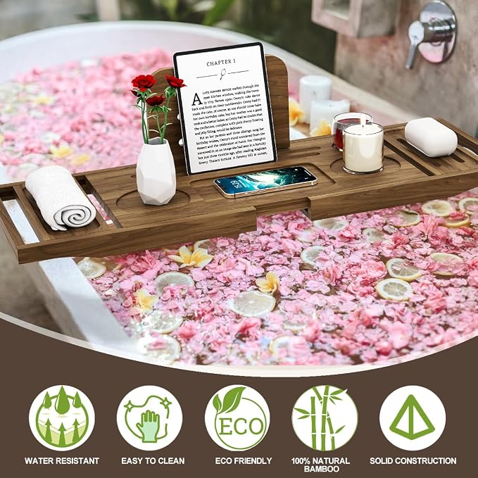 Premium Teak Bathtub Tray Caddy, Expandable Wooden Bath Tray - Image 4