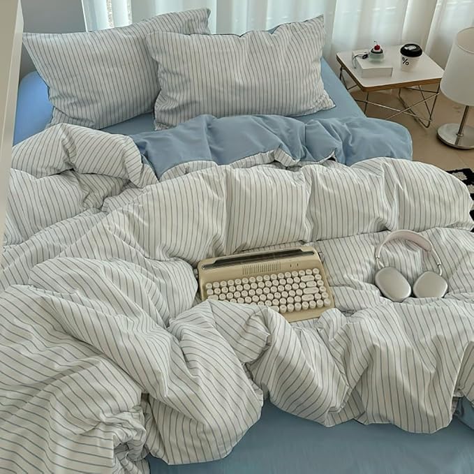 Nayoroom Blue Striped Duvet Cover Queen Size 100% Washed Cotton Duvet Cover - Image 3