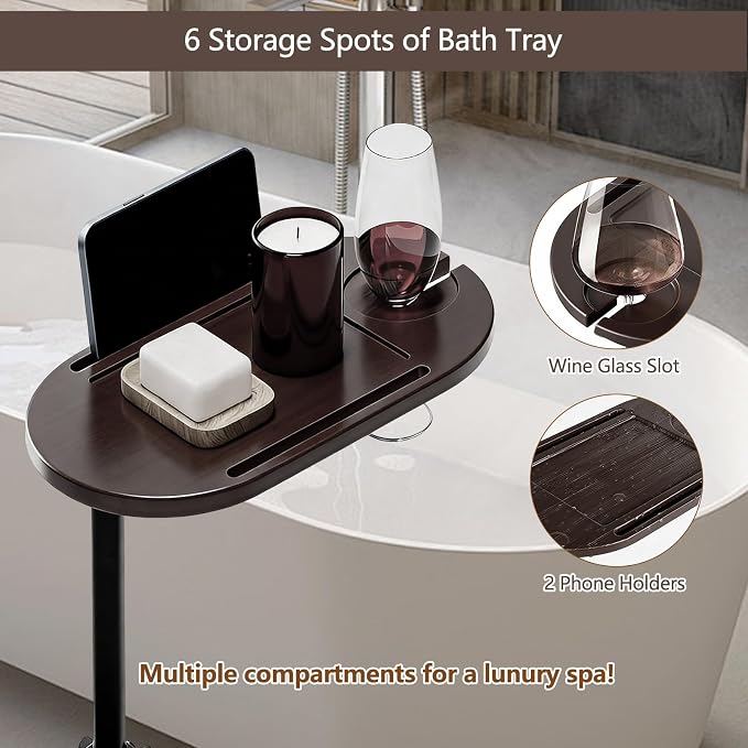 3 Layer Bathtub Tray Table, Bamboo Swivel Bathtub Side Table Height Adjustable - Image 5